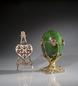 House of Fabergé (Russian, 1846-1929).  Mikhail Perkhin (Russian, 1860-1903) designer.  Imperial Pansy Egg.  Nephrite, silver-gilt, enamel and rose-cut diamonds, 1899.  Private collection.  Photo:  © Judith Cooper.