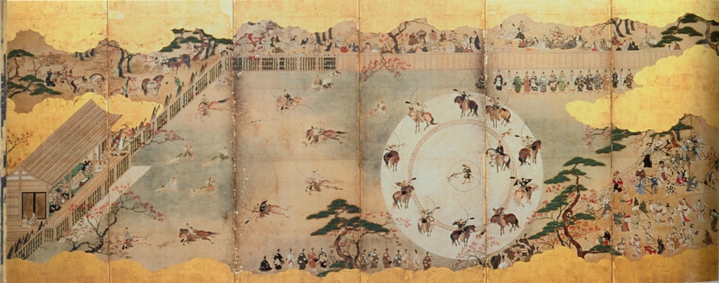 Left 6 panels “Inuoumono” (Dog Chasing Event), Pair of six-panel folding screens; ink, colors, and gold foil on paper, H 139.9 cm x W 351.8 cm (each), Japan; Edo period (1615-1868), Eisei-Bunko Museum, 4005.