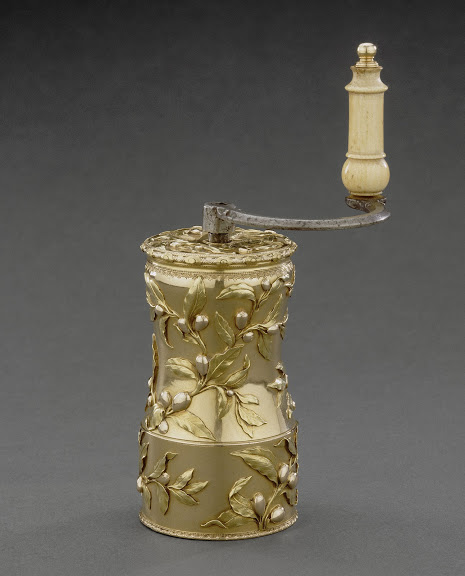 One of the most novel items on display in “Royal Treasures from the Louvre…” is an ornate solid gold coffee grinder fabricated in 1756-57 by goldsmith Jean Ducrollay for Madame de Pompadour, Louis XV’s chief mistress.  Madame de Pompadour, who gave intimate dinners hosted by the king, owned several examples of gold tableware but this is the only surviving piece.  It is made of three colors of gold and modeled with delicate sprays of coffee branches and coffee berries.  Photo: © RMN-Grand Palais / Art Resource, NY / Daniel Arnaudet