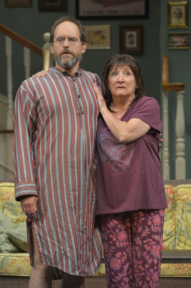 (l to r) Bay Area actors Anthony Fusco (Vanya) and Sharon Lockwood (Sonia) portray siblings in Vanya and Sonia and Masha and Spike, this year’s Tony Award winner for Best Play, at Berkeley rep through October 25, 2013.  Photo courtesy of kevinberne.com