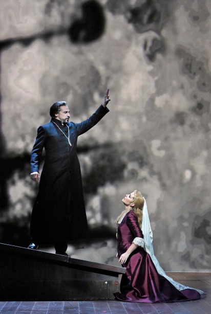 American baritone Greer Grimsley is the Dutchman and American soprano Lise Lindstrom has her San Francisco Opera debut as Senta in Richard Wagner’s “The Flying Dutchman,” at SFO through November 15, 2013.  The production underwent a dramatic scenic overhaul with the last minute firing of its director/set designer and features bold video projections of turbulent waves, leaping flames and a myriad of abstract images.  Photo: Cory Weaver, SFO