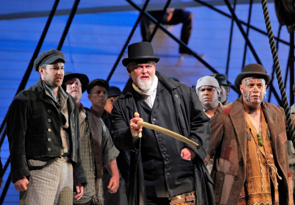 San Francisco Opera has just released a new “Moby Dick” DVD.  Composer Jake Heggie’s and librettist Gene Scheer’s opera earned rave reviews at SFO in 2012 after opening to accolades in Dallas and San Diego. (From L to R) Stephen Costello as Greenhorn, Jay Hunter Morris as Captain Ahab and Jonathan Lemalu as Queequeg.  Photo by Cory Weaver.