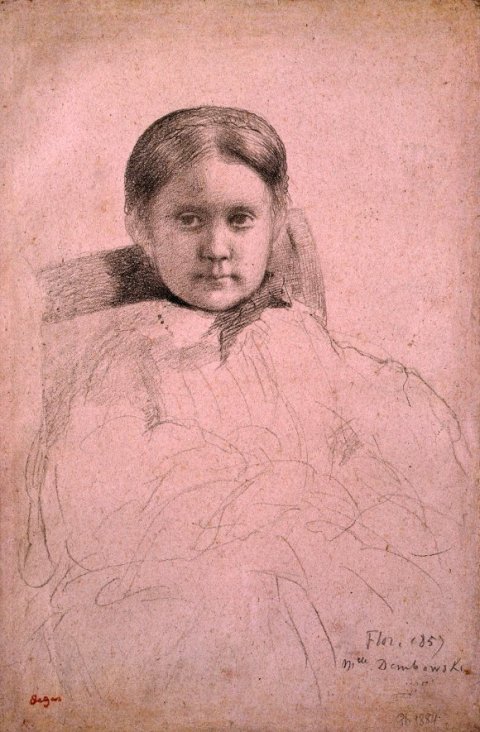 Degas’ portrait of Mlle Dembowska, black crayon on pink paper, 1858-1859, 17.5 x 11.5 inches, is one of the most important works in Robert Flynn Johnson’s collection of Degas drawings, on display at Petaluma Arts Center through July 26, 2105.  Flynn Johnson acquired this work in 1978.  Degas used black crayon, a medium he was not very familiar with (he normally used pencil) and the heavy shadowing emphasizing the young woman’s face and its positioning vis a vis the angle of the chair, upsets the strict conventions of portraiture.  The catalogue entry associated with this drawing cites 1858 correspondence from Auguste De Gas that suggests the young artist was bored with drawing portraits to satisfy familial obligations. Image: Robert Flynn Johnson, Petaluma Art Center 