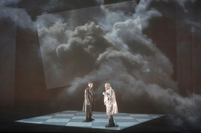 In Act 3, Lucia’s lover, Edgardo (of Ravenswood), Polish tenor Piotr Beczala, is challenged to a duel by her brother, Enrico, American baritone Brian Mulligan at Wolfscrag, where Edgardo lives. The opera’s plot is driven by an intergenerational feud between the Ravenswoods and the Ashtons of Lamermoore, making Lucia’s love for the Edgardo forbidden and driving Lucia’s brother to go extremes to ensure that she ends her relationship with Edgardo. Director Michael Cavanaugh and designer Erhard Rom set this new SFO production in a dystopian near future; the staging has a clean stark feel that is accentuated by dramatic lighting and projections of natural landscapes. Photo: Cory Weaver, SFO